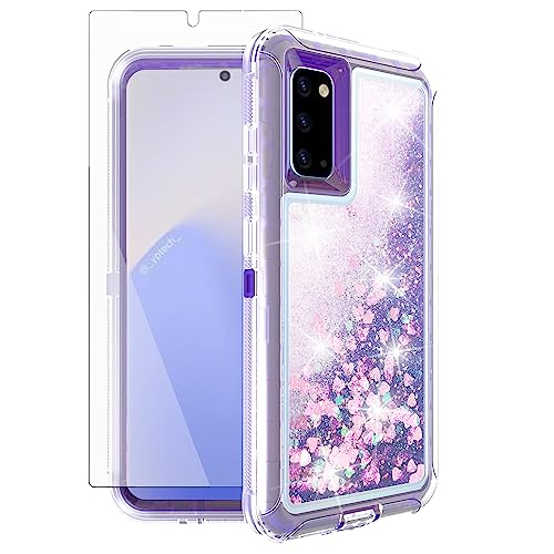 Asuwish Phone Case for Samsung Galaxy Note 20 5G with Screen Protector Bling Liquid Glitter Clear Hybrid Silicone Military Grade Protective Cell Cover Note20 Notes 20s Twenty Not S20 Women Purple