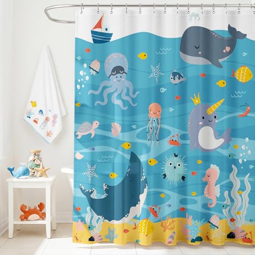 Mocsicka Kids Shower Curtain Fun Whale Shower Curtain with 12 Hooks Cartoon Blue Sea Ocean Fish Bath Curtain for Girls Boys Waterproof Kids Bathroom Decor, 72 X 72 Inch