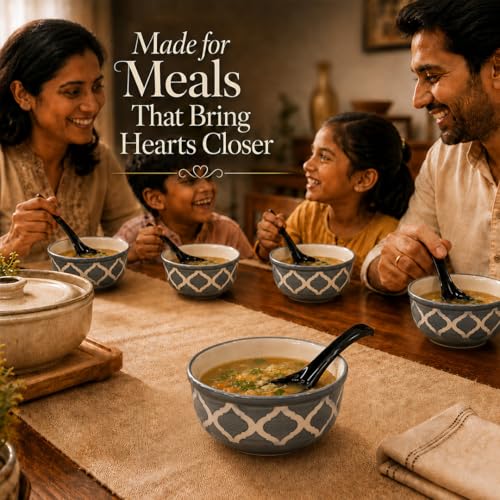 Image of The Earth Store Ceramic Bowl Set of 6 with Spoon, 300ML | Grey Moroccan Ceramic Bowl Set |Microwave & Dishwasher Safe Stylish Snack Bowl Set for Home, Office & Gifting