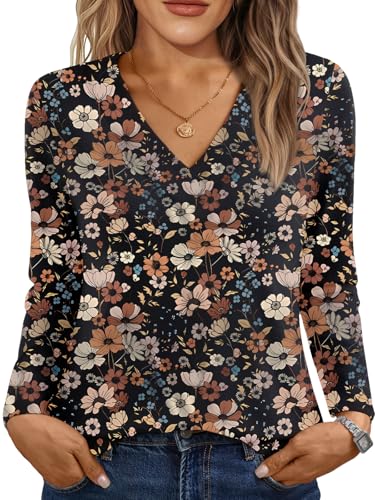 AUTOMET Women Blouses Cute Tops Fall Outfits 2025 T Shirts V Neck Casual Top Comfortable Shirt Soft Basic Tees Floral L