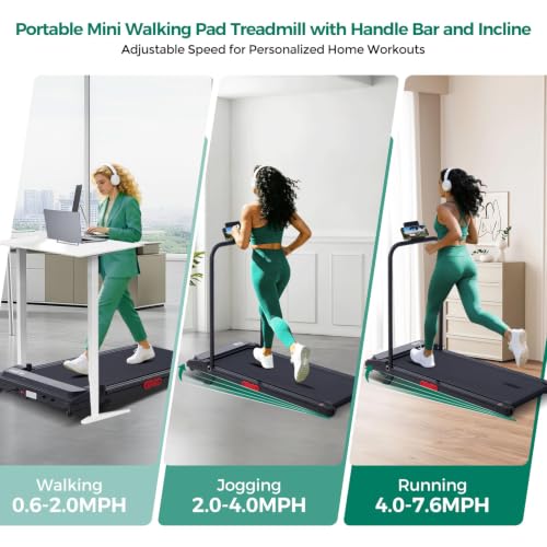 Image of Treadmills with Handle Bar, Walking Pad with Incline for Home Small, Portable Treadmills for Home Exercising, Electric Mini Walking Pad Treadmills with Handles, 3.5HP, 0.6-10MPH, 400LBS