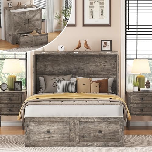 Image of AMERLIFE Twin Murphy Bed Cabinet with Charging Station and Storage Drawer, Farmhouse Foldable Platform Bed for Home Office, Apartment, Small Spaces, Rustic Grey