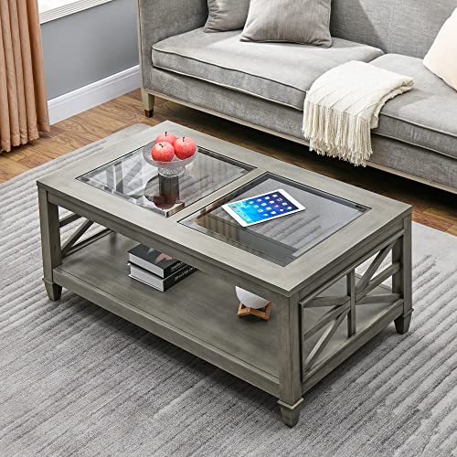 Solid Wood Coffee Table With Tempered Glass Top, Rectangular Living Room Table With 2-Tire Storage Shelf, Industrial Centre Table, 45.5" X 26" Tabletop, Easy Assembly Antique Grey Kfz1318An #TOP2