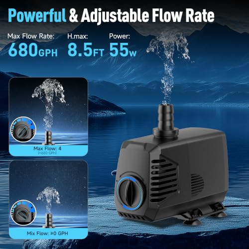 Image of POPOSOAP 680GPH Submersible Water Pump, Water Fountain (2400L /H, 55W) with 8.5FT High Lift Adjustable & 3 Nozzles & 16.4FT Cord, Ultra Quiet Aquarium Pump for Pond Fountain Waterfall Hydroponics-Q104