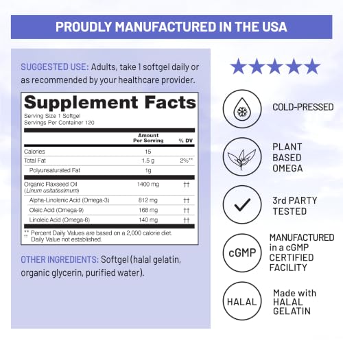Image of NatureWise Flaxseed Oil 1400 mg, Fish Free, High Potency Omega 3 with 812 mg ALA - Plant Based Omega 3 6 9 Supplement - Organic, Cold Pressed, Non-GMO - 120 Softgels[120-Day Supply]