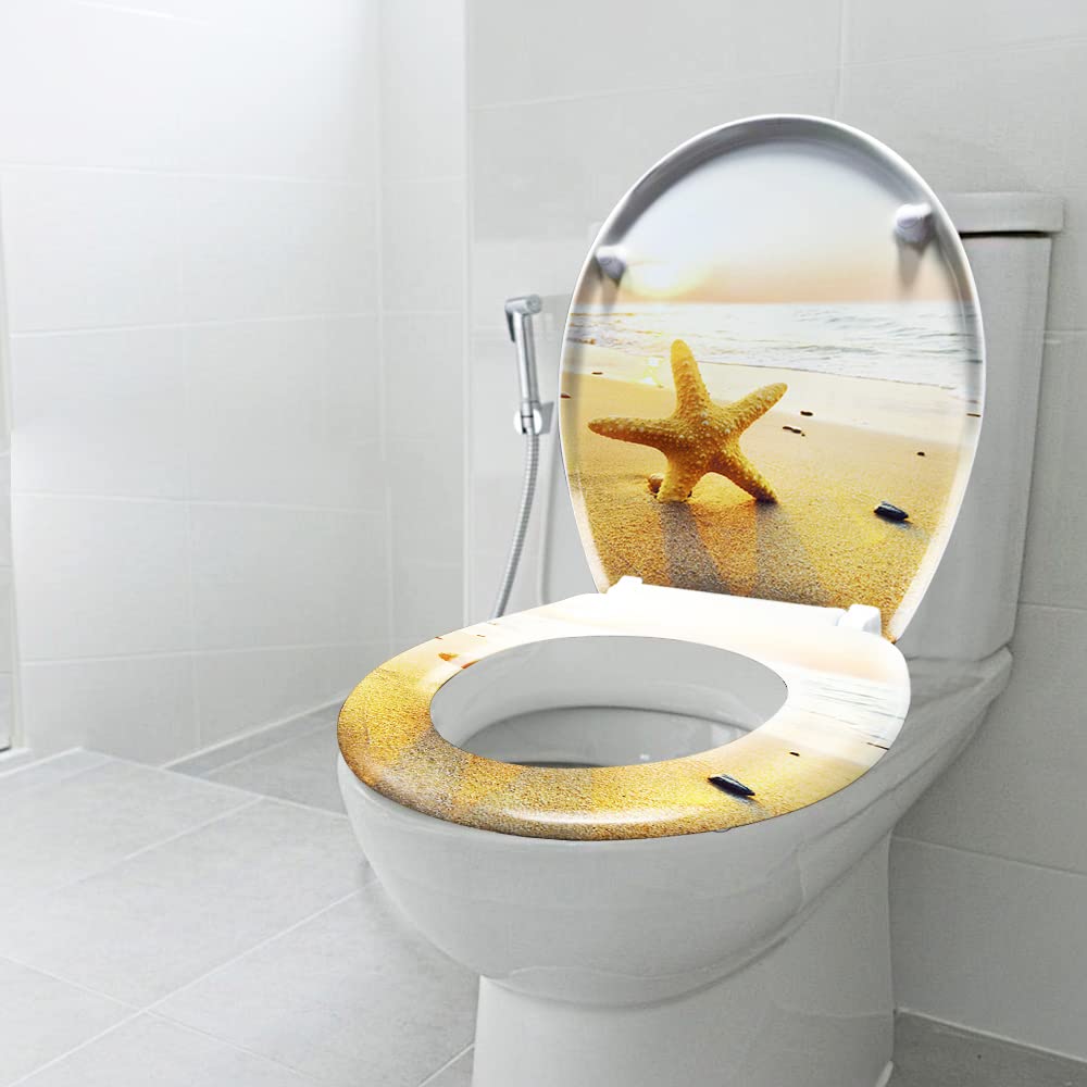 Froadp Asiento de inodoro con tapa ovalada de cierre suave, asiento de inodoro antibacteriano de plástico duro para todos los inodoros estándar, fácil instalación y limpieza (estrella de mar)