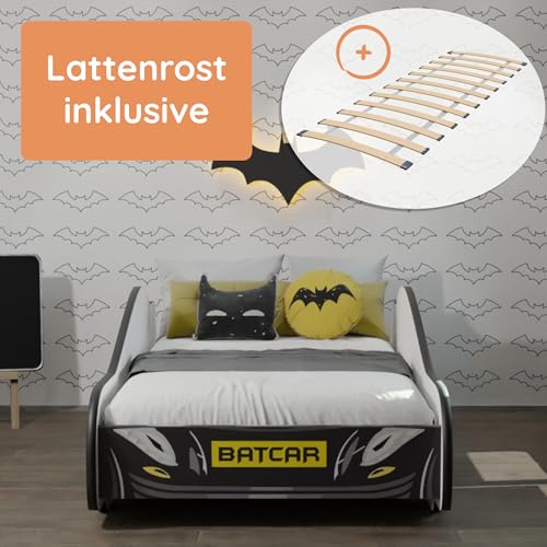 Kids Collective Autobett 70x140 cm Kinderbett Jugendbett mit Rausfallschutz | Kinder Spielbett Batman Batmobil Bat Car Auto Bett in schwarz optional mit Matratze | von Geburt bis 6. Lebensjahr