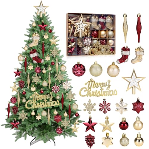 La Mejor Recopilación de Esferas los mejores 10. 44 AUTOWT Juego de Adornos Bolas de Navidad, 70Pcs Inastillables Rojas y Doradas Bolas Colgantes para Árbol de Navidad Estrellas Lujo Copos Nieve Regalo Decorativos para Navidad...