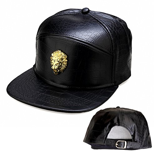 Metal Badges NUKIC Unisex Leather Lion Head Baseball Cap Adjustable Flat Bill Snapback