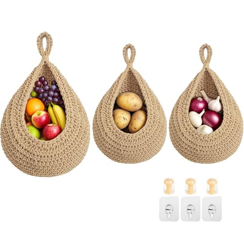 Halidali Hanging Fruit Baskets for Kitchen, 3 Pack Boho Cotton Rope Handwoven Vegetable Storage Wall Mounted Large Organizing Basket for Farmhouse Decor, Onion, Potato, Garlic and Plants (Linen)