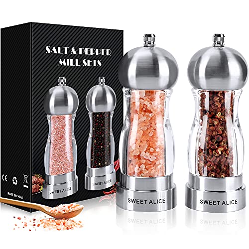 Sweet Alice Salz- und Pfeffermühle mit Keramik-Rotor, nachfüllbares Acryl-Pfeffermühlen-Set, einfache Einstellung der Grobheit, 15,2 cm (Silber) Cover