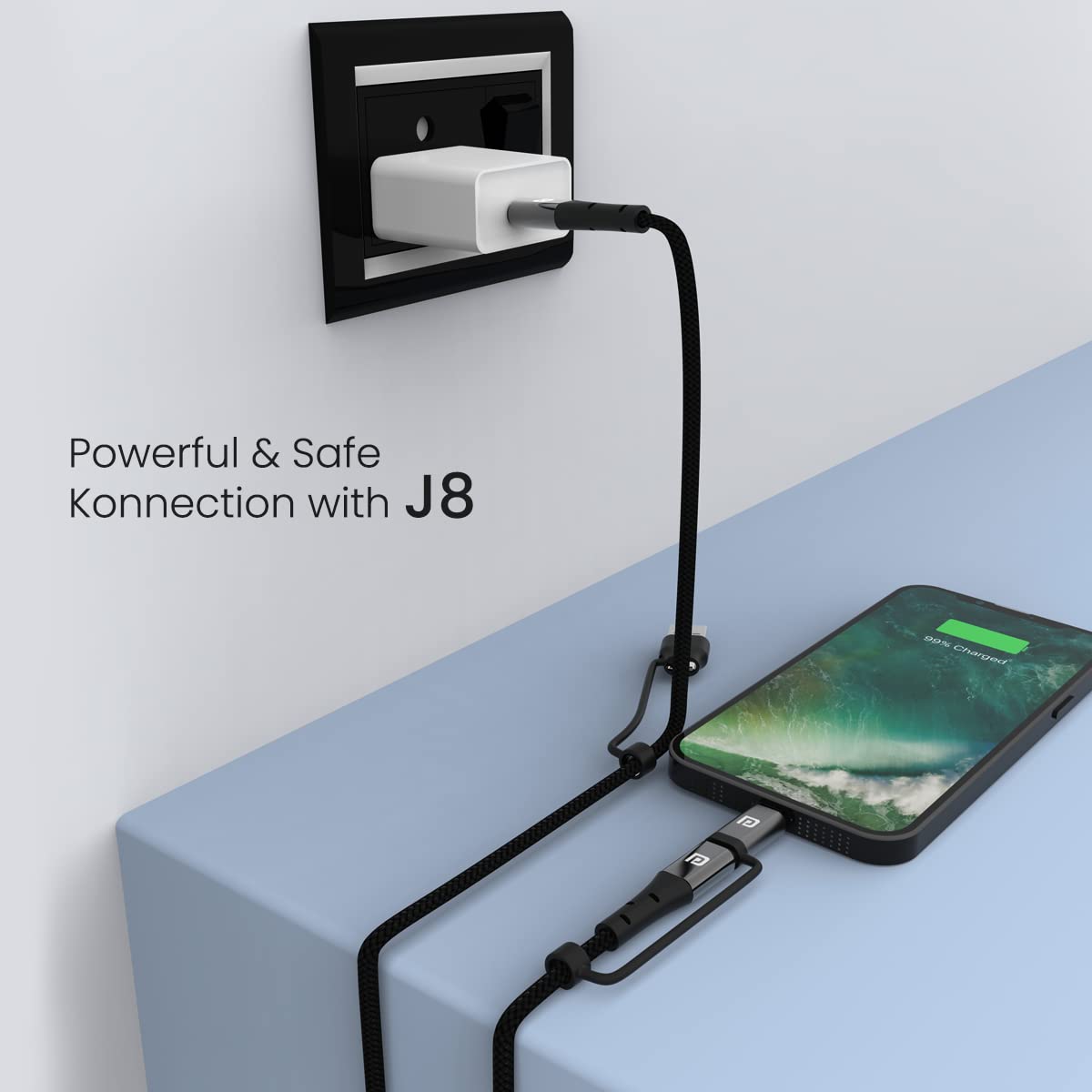 Portronics Konnect J8 3-in-1 (USB A + tipo C a 8 pin + tipo C) cavo di ricarica rapida con uscita massima 60 W, nylon intrecciato, per smartphone Android, dispositivi iOS e USB di tipo C, lunghezza
