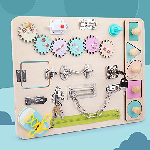 GhopyWooden Montessori Busy Board for Toddlers - Educational Sensory Toy with Lacing Sorter, Gears, Zipper Lock & More - Portable Activity Board for Preschool Learning