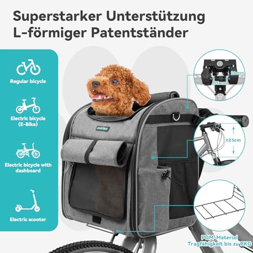 DAISTERN Hundekorb Fahrrad Vorne bis 10KG, Faltbarer Atmungsaktiver Hundefahrradkorb 4 in 1 Rucksack Schultertasche Autositz mit Robuste L-förmige Halterung Φ55mm, Bequemes Kissen, Reflektorstreifen