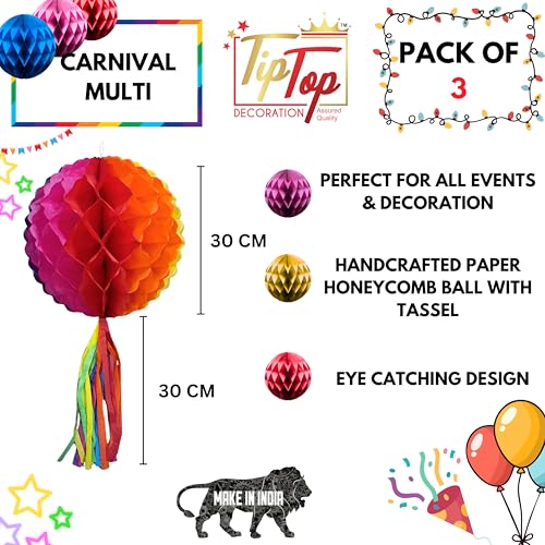 Image of TIPTOP DECORATION Premium 3pcs 30 cm Paper Honeycomb Pom Pom Balls with 30 cm Tassel (Artistic Hanging Decor) (Carnival Multi)