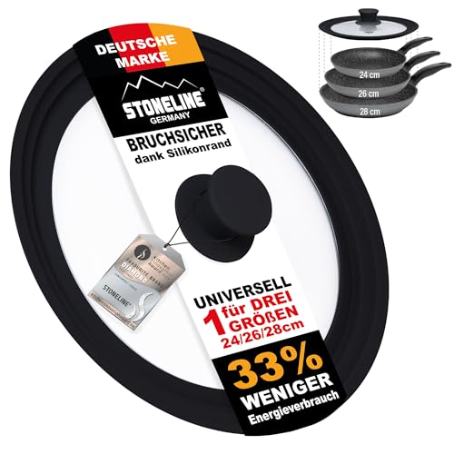 STONELINE 3 in 1 Universaldeckel für Töpfe und Pfannen mit 24/26/28 cm Universal Glasdeckel mit abgestuftem Silikonrand Platinsilikon, hitzebeständig platzsparend, 3 Größen, Schwarz STONELINE 3 in 1 Universaldeckel für Töpfe und Pfannen mit 24/26/28 cm Universal Glasdeckel mit abgestuftem Silikonrand Platinsilikon, hitzebeständig platzsparend, 3 Größen, Schwarz