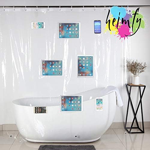 Heimfy Tablet/Phone Holder Clear Shower Curtain Liner with Magnetic Weights, Hooks and 8 Holder Pockets | EVA 72x72 inches