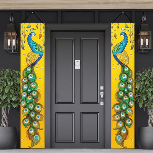 Image of BlissYard 2pcs Spring Summer Door Banner Stained Peacock Porch Banner Hanging Porch Banner Summer Decor for Outside Seasonal Outdoor Indoor Elegant Home Decoration Supplies