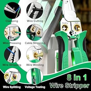 8 in 1 Wire Stripper with Voltage Tester, & Dual Alarms - Heavy Duty 12-250V AC/DC Tester for Hot/Neutral Wires - Electrician, HVAC, Car Repair Tool (Green)