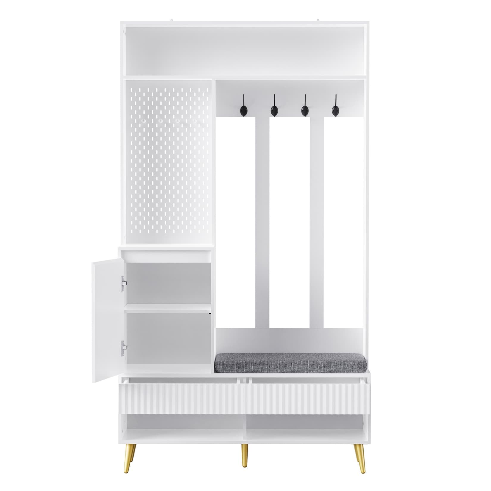 Meuble D’Entree 100x35x180cm,Vestiaire D'entrée,Porte Manteau avec Banc Rembourré,Rangement Chaussure,2 Tiroirs,4 Crochets,Étagère Ouverte,Panneau Perforé,pour Couloir (E-Blanc)