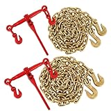 5/16in-3/8in Chains Binders Set of 2, Industrial g70 Chains and Binders Kit, 2 Adjustable Ratchet Binders and 2×10FT Chains with Grabbing Hooks for Truck Towing, Hauling & Industrial Use
