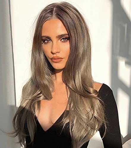 AISI HAIR Long Ash Brown Wigs For Women Ombre Ash Brown Synthetic light Wavy Wigs for Women Natural Looking Hair Replacement Wig for Daily Use