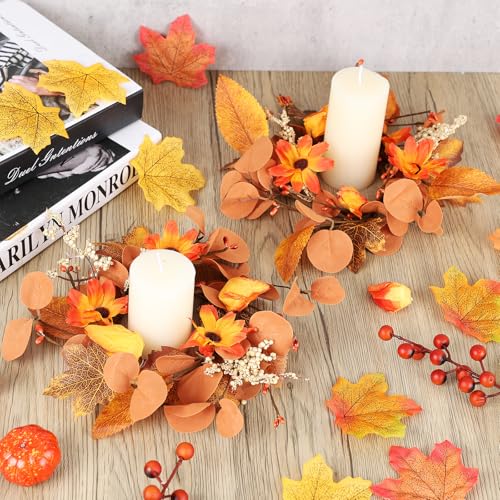 Image of 4 Pcs Fall Floral Candle Rings Wreaths Autumn Flower Rings for Centerpieces Harvest Pumpkins Wreath Mini Thanksgiving Cabinets Farmhouse Front Door Decoration