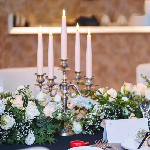 Image of Pink Flameless Taper Candles, Spring LED Flickering Taper Candles Battery Operated with Remote Timer, 4 Pcs Flameless Candlesticks for Spring Wedding Home Decorations(D0.78 inch x H8.1 inch)