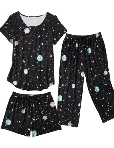 Image of Ekouaer 3 PCS Capri Pajamas for Women Set Short Sleeve Pajama Lounge Sets | Floral Pj Sets Top and Capri Pants Soft Comfy Sleepwear with Pockets for Home, Daily Wear for Mom, Wife, Grandmother