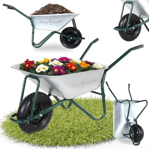 MAXCRAFT Brouette de Chantier 250 kg 100 L Chariot Transport Jardin Pneus avec Chambre à Air Poignée en Caoutchouc Dur - Vert