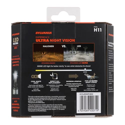SYLVANIA H11 LED Ultra - Fog Lights For Cars and Trucks - Headlight Bulbs for Off Road Powersports - 6000k Cool White LED Light - Maximum Lifespan - No Polarity - DIY Upgrade