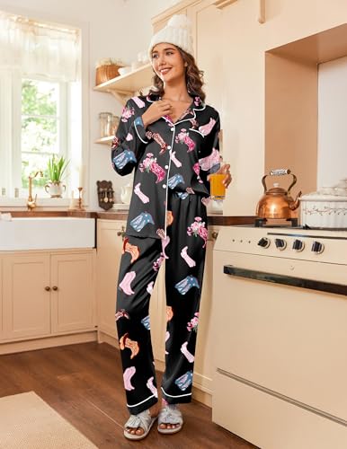 Image of Ekouaer Womens Satin Pajama Set Classic Pattern Silky Pj Sets Button Down Sleepwear Loungewear