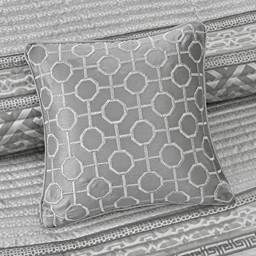 Madison Park Quilt Set Luxurious Jacquard Stripes Design - All Season, Coverlet Bedspread Lightweight Bedding Layer, Shams, Decorative Pillow, King/Cal King(104"X94"), Geometric Grey 4 Piece #TOP6