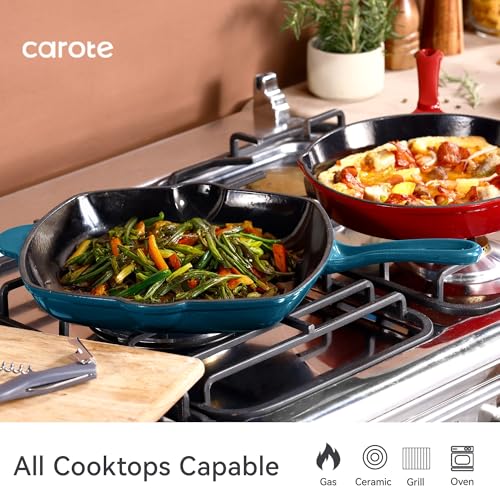 Image of CAROTE Enamel Cast Iron Grill Pan 10.5 Inch, 27cm-Blue, Even Heat Distribution, Gas & Induction Compatible, Oven & Grill Safe,Non-Toxic & Durable Cookware,Ideal for Kebabs & Tikkas