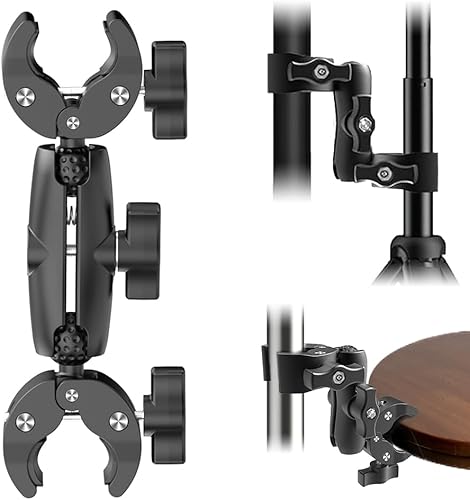 Soporte de cámara de doble abrazadera soporte universal para carritos de golf, abrazadera de paraguas, escritorio, cochecitos, vagones, estudio