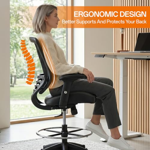 Image of BOLISS 400lbs Mid Back Premium Leather Ergonomic Drafting Chair Office for Adjustable Desk Wide Chair Built-in Lumbar Support Adjustable Foot Ring Height Adjustable Armrest (Black Leather)