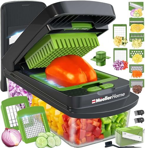 MUELLER HOME Pro-Series 10-in-1, 8 Blade Vegetable Chopper, Onion Mincer, Cutter, Dicer, Egg Slicer with Container, French Fry Cutter Potato Slicer, Home Essentials, Salad Chopper,Gray/Green