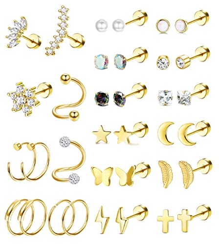 MILACOLATO 20G Pendientes Pequeños Para Mujer Hombre Acero Quirúrgico Zirconia Ópalo Luna Corazón Estrella Cartílago Pendientes Aros Helix Trago Daith Piercing Joyería Pendientes De Espalda Plana oro