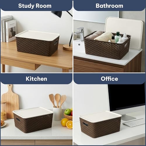 Image of Kuber Industries 3 Pcs Plastic Large Solitaire Storage Basket with Lid & Handle | Multipurpose Storage Rectangular Box for Cloths Toys & Books | H5 - Brown & White