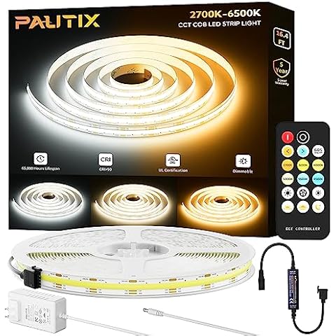 PAUTIX COB LED Strip Light White CCT Tunable 3200LEDs,CRI90+ 16.4ft/5m Dimmable 2700K-6500K 24V LED Tape Lights Kit with UL-Listed Power Supply,for Under Cabinet Bedroom Kitchen TV Mirror DIY Lighting Cover