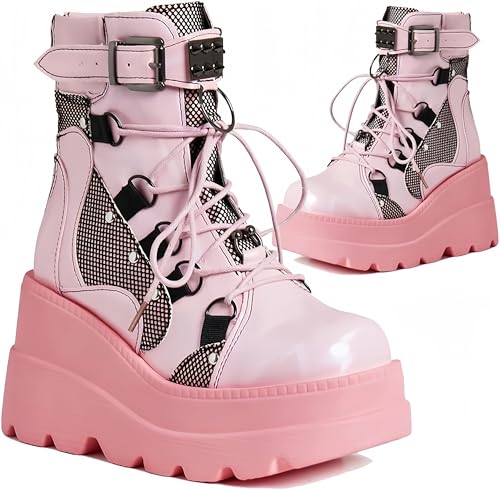 Image of Womens Goth Platform Boots Chunky High Heel Booties Round Toe Combat Ankle Boots Womens Lace Up Motorcycle Wedges Shoes