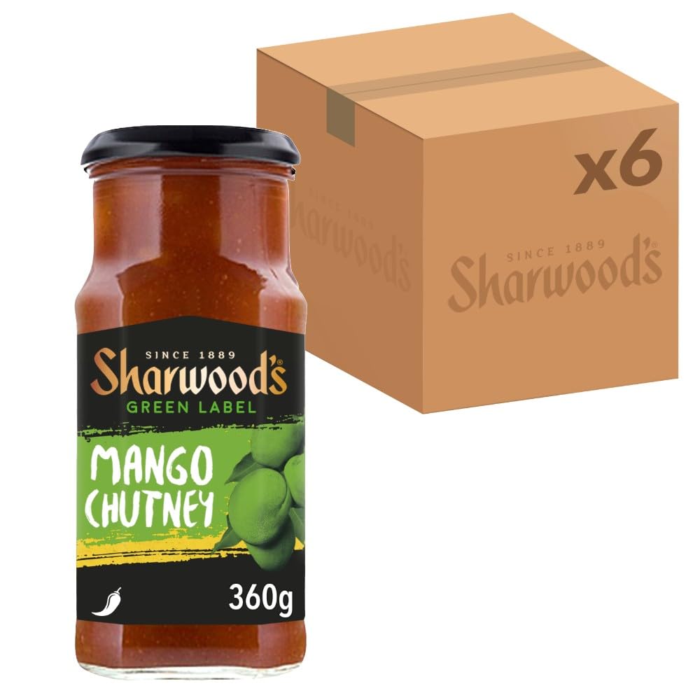 Sharwood's Green Label Mango Chutney – Sweet & Tangy Indian Condiment – Made with Ripe Mangoes – 360g Jar (Pack of 6)