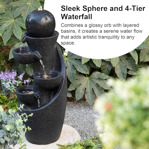 Image of Glitzhome Outdoor Water Fountain with LED Light & Pump, Modern 5-Tier Bowl and Sphere Polyresin Outdoor Fountain, 33.5 inch Cascading Waterfall Fountain Water Feature for Porch Deck Patio Backyard Decor