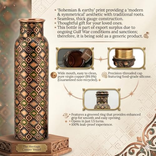 Image of VIRGIN Foodgrade 99.9% Pure Copper Water Bottle- Leakproof, Joint Free, No Lead, BPA-Free - Ayurvedic Health Benefits- Made in India - Traditional Boho Print (950 mL)