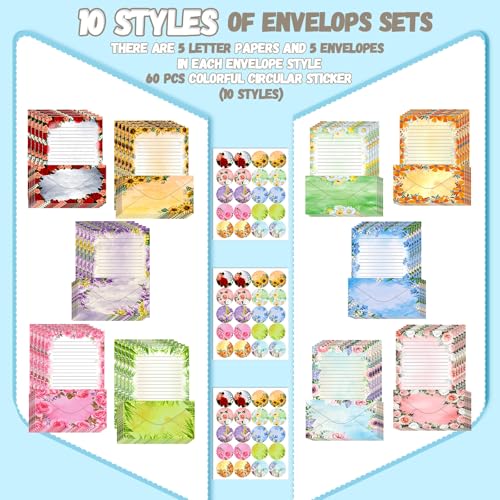 Image of TaoBary 160 Pcs Flower Stationery Paper and Envelopes Set 50 Double Sided Lined Stationery Paper with 50 Matching Envelopes and 60 Round Dot Sticker 8.5 x 11'' Letter Writing Kit, 10design