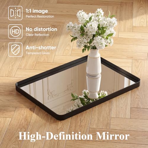 Image of Sweetcrispy Bathroom Mirror 40x32 Inch Metal Framed Rounded Rectangle Vanity Mirror for Wall, Over Sink, Farmhouse, Restroom, Anti-Rust, Modern Decorative, Horizontal or Vertical Hanging, Black