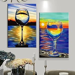 Zonsondergang gereflecteerd in wijnglazen kunstwerk canvas schilderij abstracte kleuren prints moderne muurkunst voor…