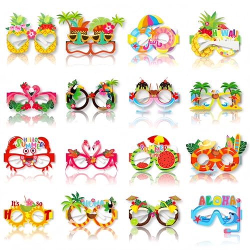 16 Occhiali sole spiaggia e piscina, montatura in carta hawaiana, accessori tropicali per piscina, accessori per cabina fotografica, accessori per feste carnevale, feste in spiaggia, compleanni