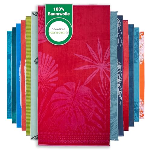 BaSaTex - Strandtuch Baumwolle in 90x180 cm - Strandlaken Badetuch aus Frottee Velours mit Aufhängeschlaufe - Saunatuch Öko-Tex Standard 100 Zertifiziert - Modell Pinke Blätter Design