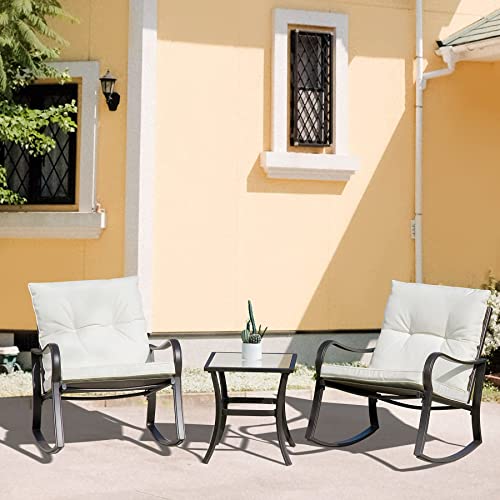 Domi Outdoor Living 3 Pieces Bistro Set Outdoor Rocking Chairs All Weather Patio Wicker Furniture Set With Thickened Cushion And Glass Top Coffee Table For Yard,Bistro thumb #6